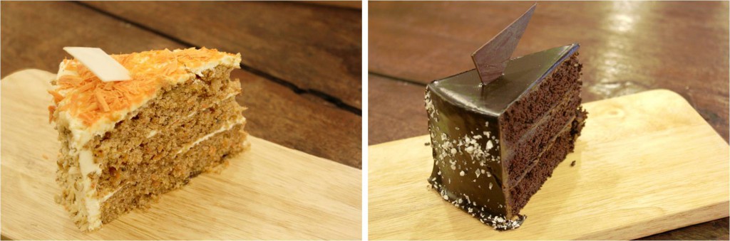 Carrot cake and chocolate moist cake slices at Happy Garden Cafe
